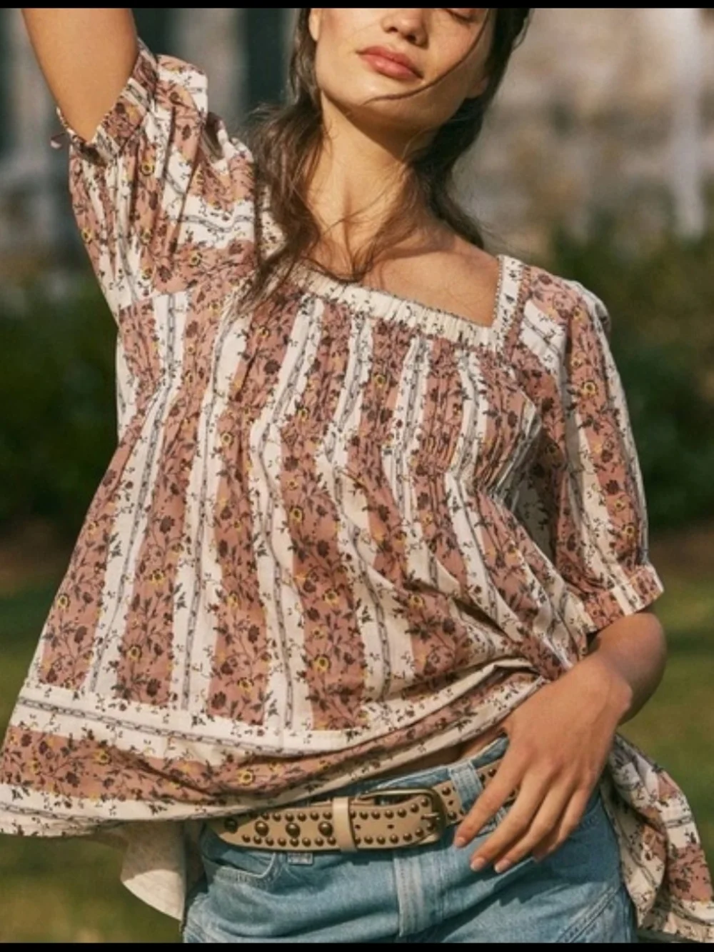 Free People Vintage Lover Floral Stripe Square Neck Babydoll Blouse Extra Small